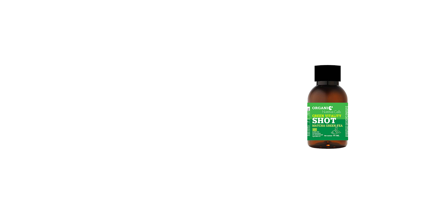 Organic matcha green tea juice shot in a 75 ml amber glass bottle