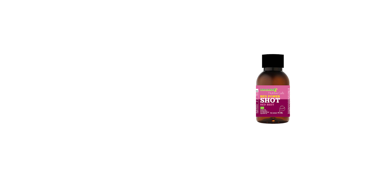 Organic beetroot juice shot in a 75 ml amber glass bottle