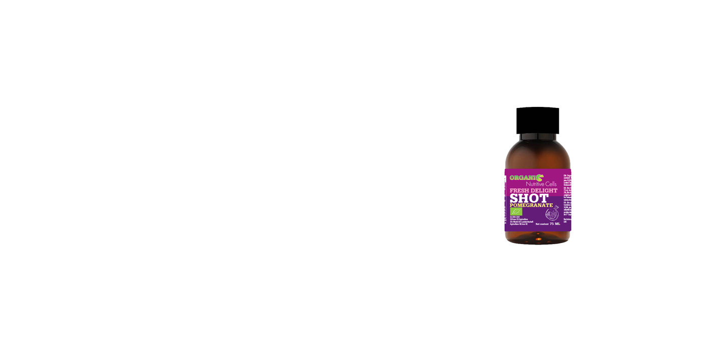 Organic pomegranate juice shot in a 75 ml amber glass bottle